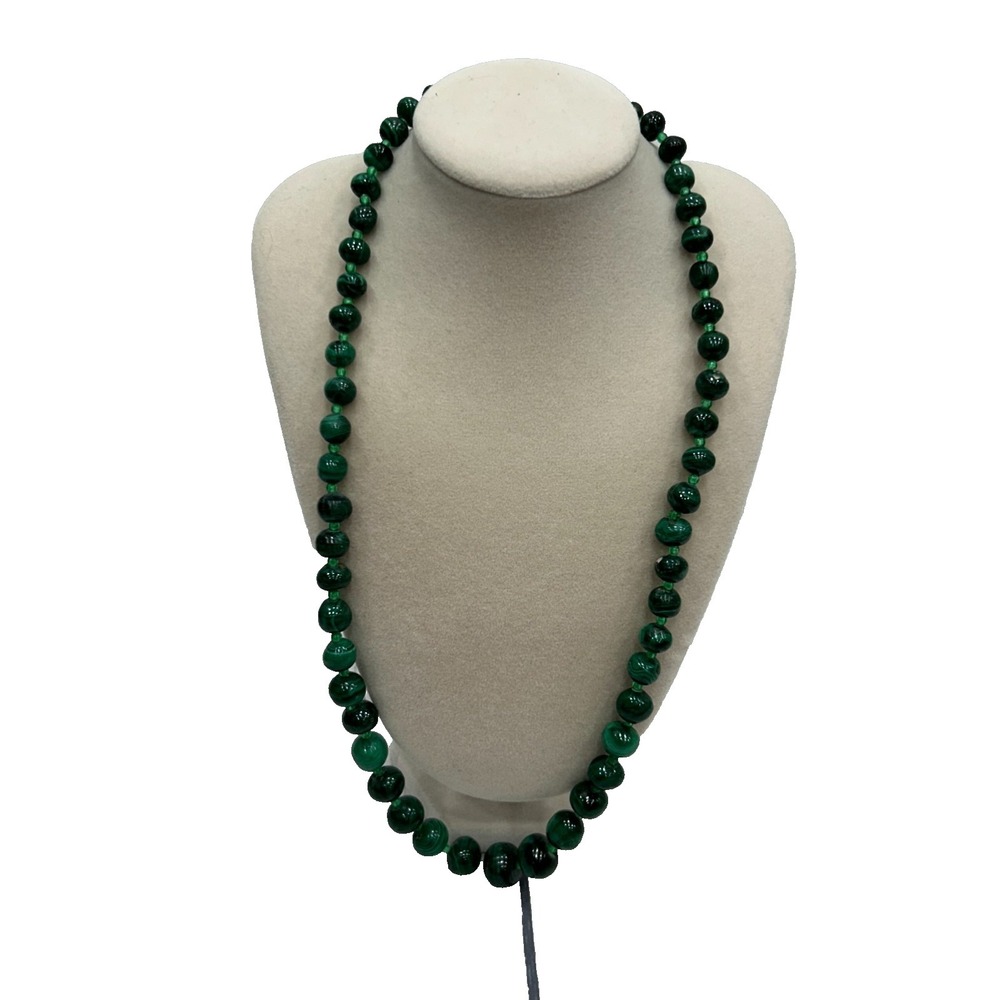 Vintage‎ Malachite Beaded Necklace Green Banded Stone Round Beads 21" FLAW